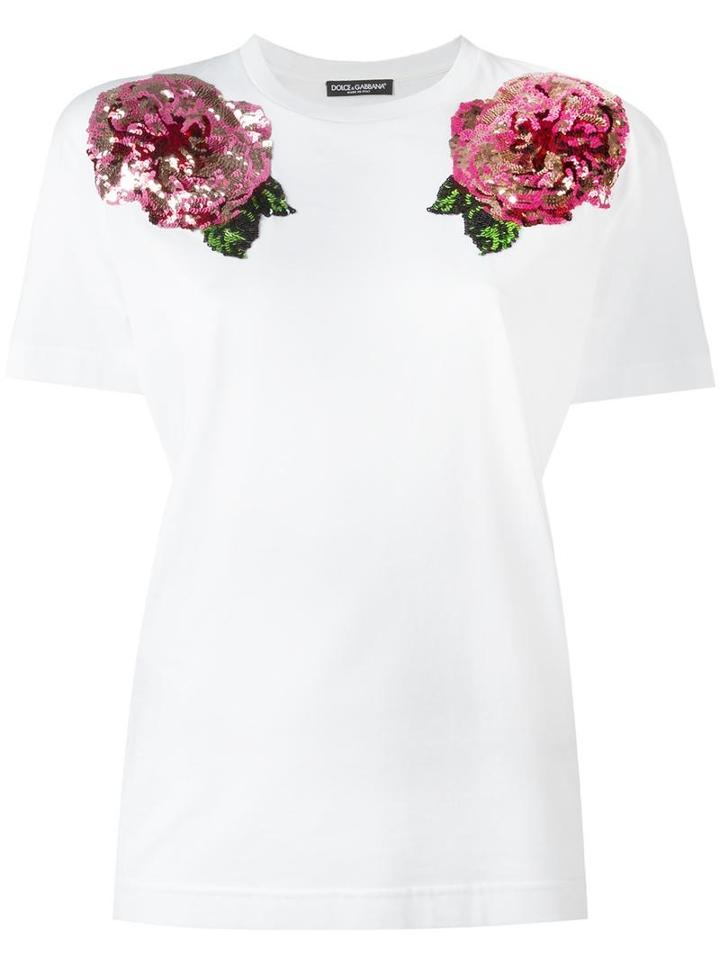 Dolce & Gabbana Rose Sequinned T-shirt, Women's, Size: 44, White, Cotton/nylon/polyester