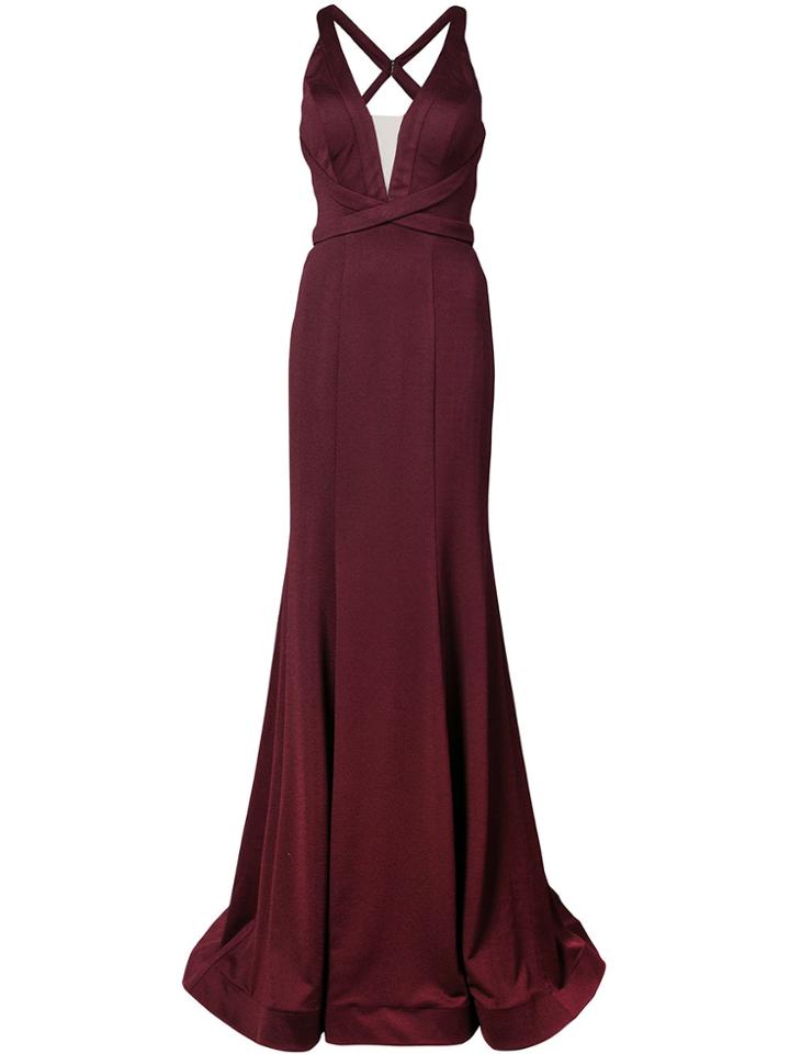 La Femme Plunge Neck Fishtail Gown - Pink & Purple