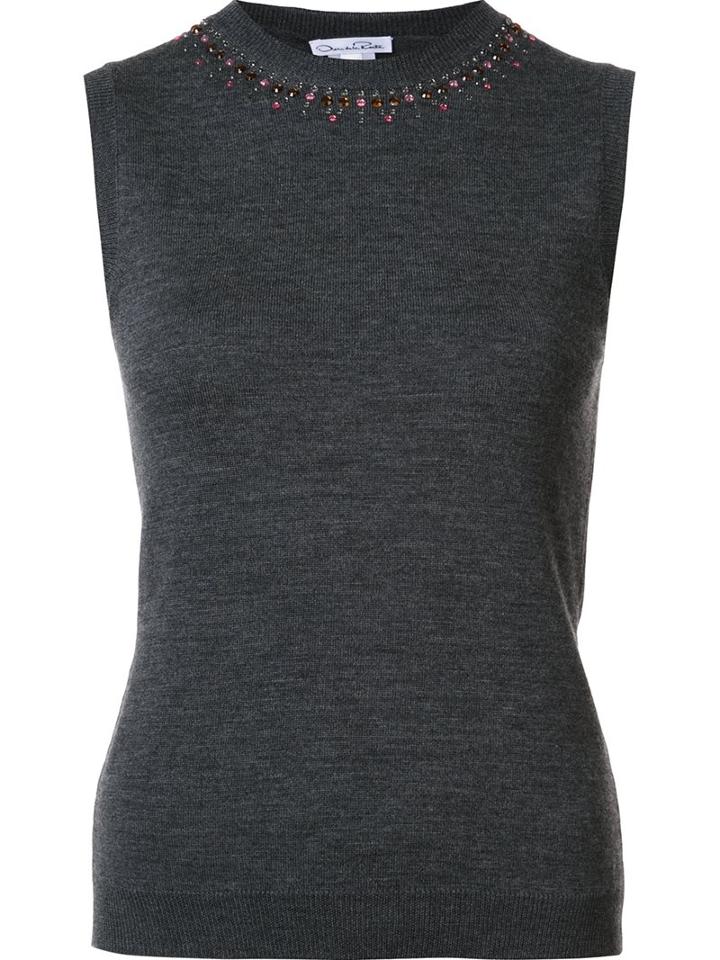 Oscar De La Renta Embellished Knitted Tank, Women's, Size: Small, Grey, Merino