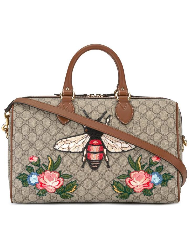 Gucci Gg Supreme Embroidered Tote, Brown, Calf Leather