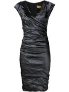 Nicole Miller Wrap Front Gathered Dress, Women's, Size: 6, Black, Polyester/metallized Polyester/nylon/spandex/elastane