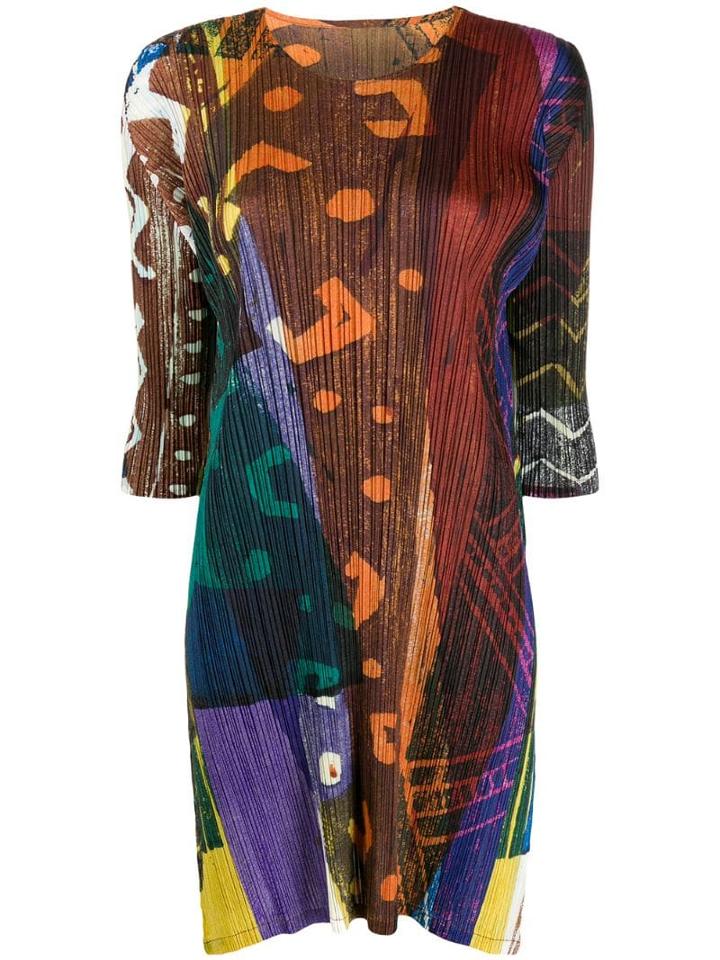 Pleats Please By Issey Miyake Contrast Print Plissé Dress - Brown