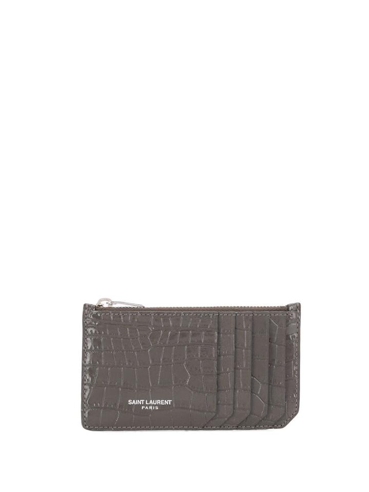 Saint Laurent Logo Embossed Zip Purse - Grey