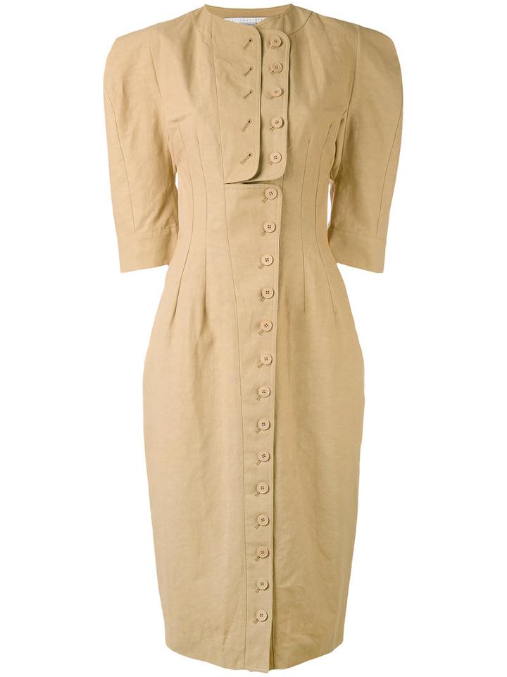 Stella Mccartney - Puff Sleeve Buttoned Dress - Women - Polyamide/cotton/linen/flax - 44, Nude/neutrals, Polyamide/cotton/linen/flax
