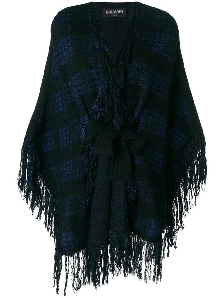 Balmain Fringed Tartan Cape - Black