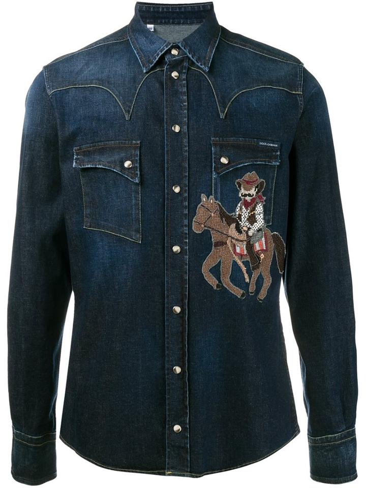Dolce & Gabbana Cowboy Patch Western Denim Shirt, Men's, Size: 41, Blue, Cotton/spandex/elastane/viscose