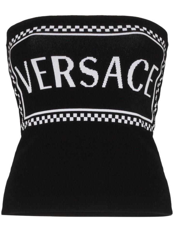 Versace Strapless Logo Check Intarsia Bandeau Top - Black