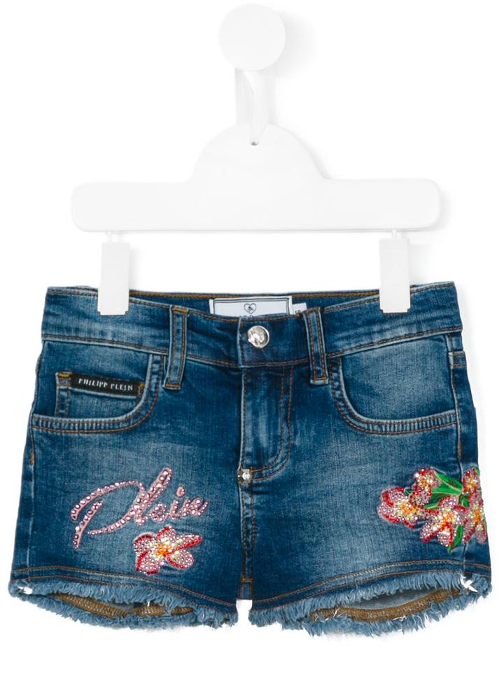 Philipp Plein Kids Floral Embellishment Denim Shorts, Girl's, Size: 8 Yrs, Blue
