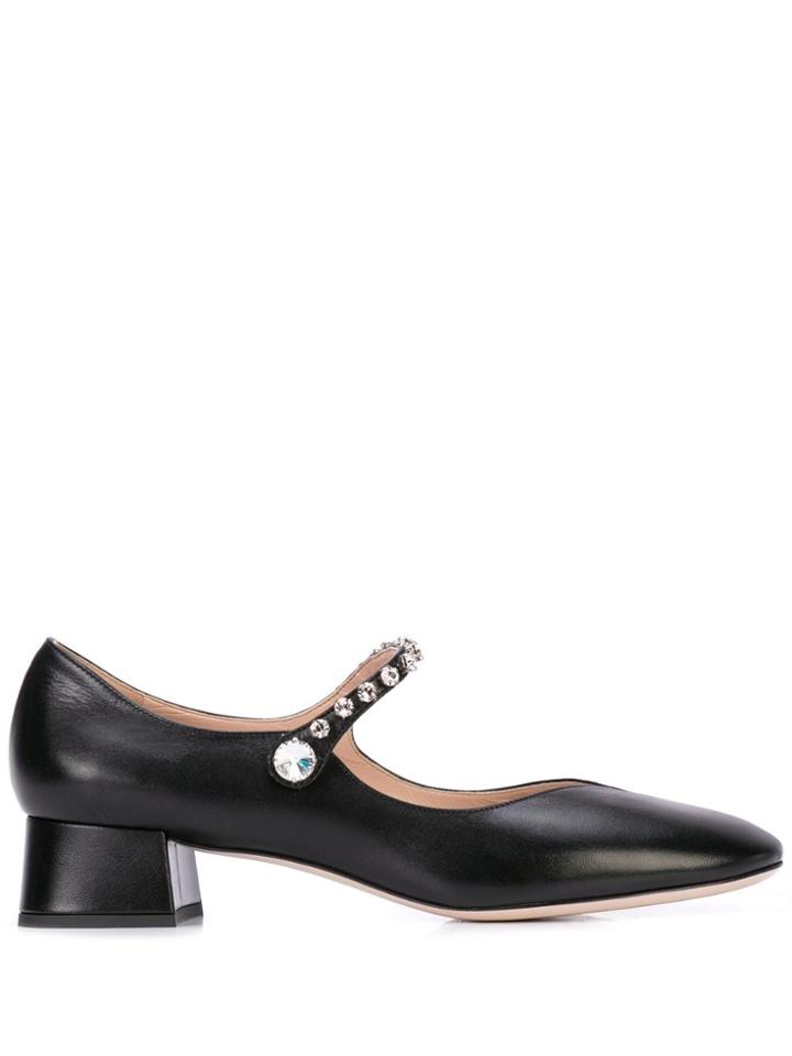 Miu Miu Crystal Embellished Strap Mary Janes - Black