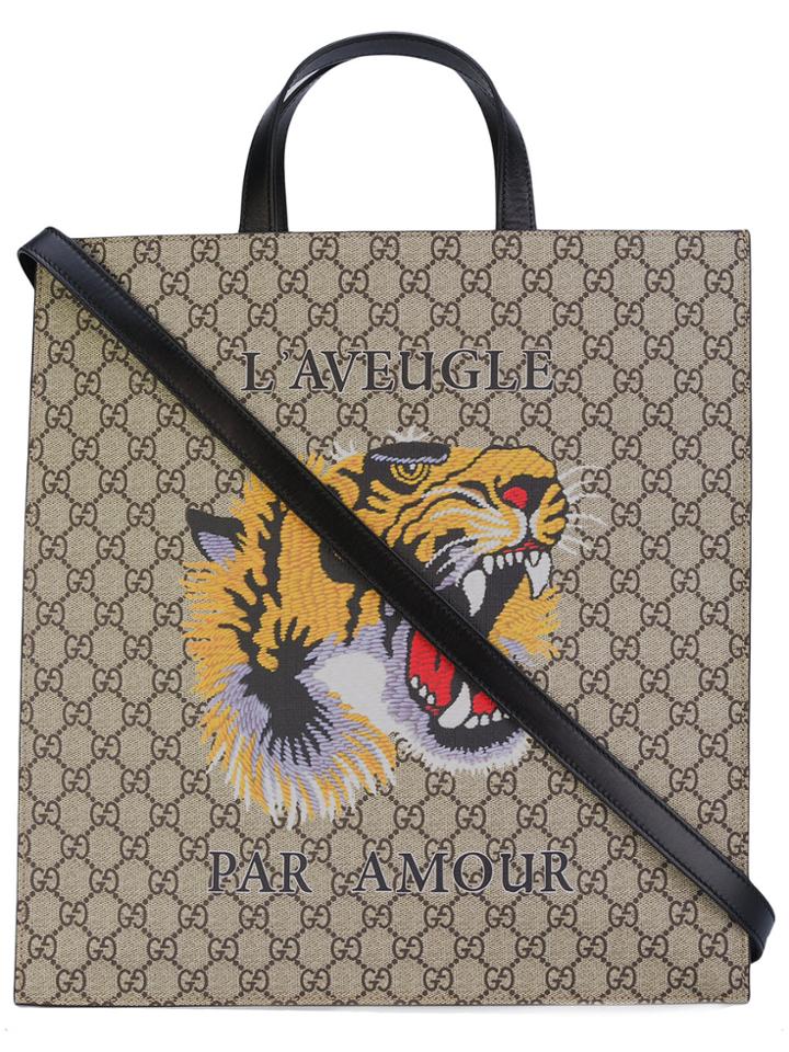 Gucci Tiger Print Gg Supreme Tote - Nude & Neutrals
