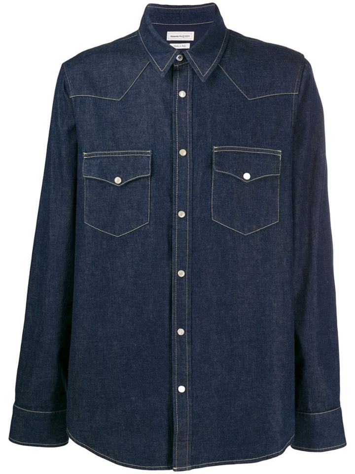 Alexander Mcqueen Embroidered Dark Wash Denim Shirt - Blue