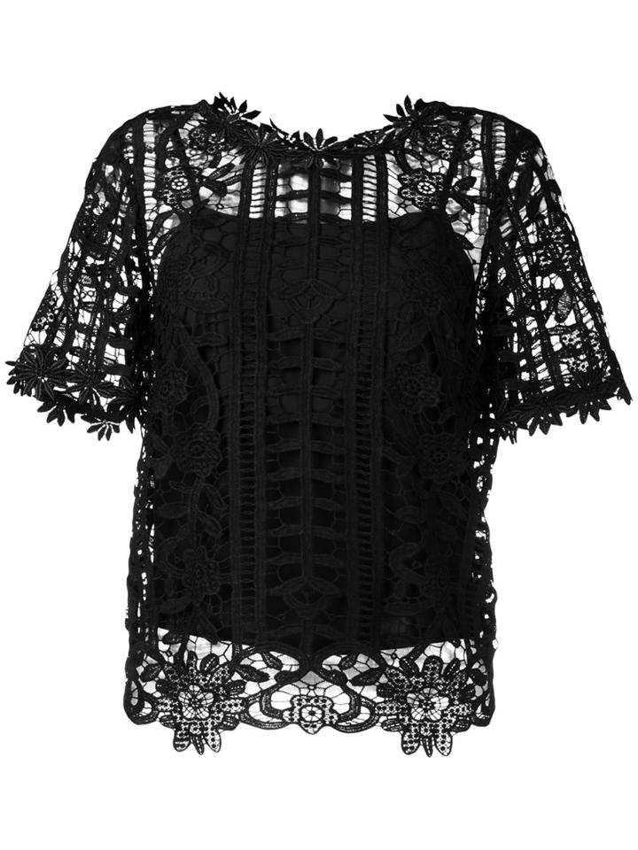 Blugirl Floral Lattice Lace Top, Women's, Size: 46, Black, Polyester/spandex/elastane