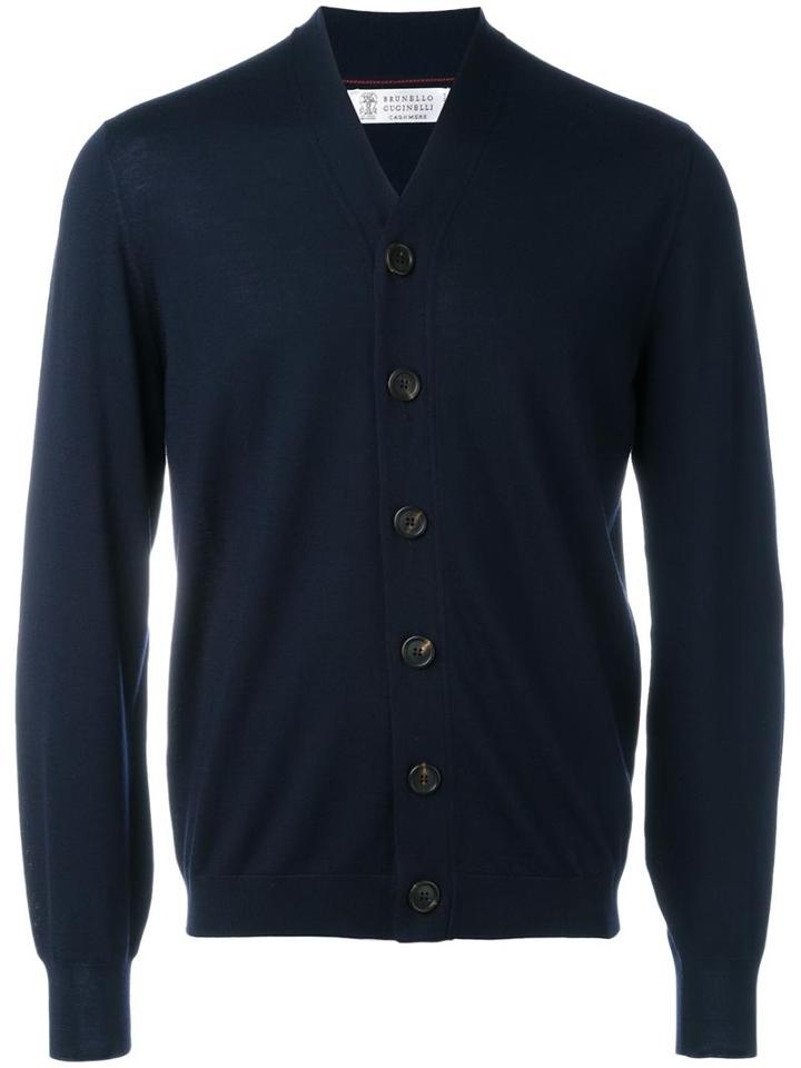 Brunello Cucinelli Buttoned Cardigan, Men's, Size: 56, Blue, Virgin Wool/cashmere