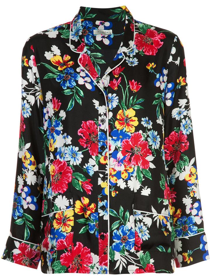 Piamita - Floral-print Pyjama Shirt - Women - Silk - Xl, Black, Silk