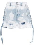 Faith Connexion Lace-up Distressed Denim Shorts - Blue