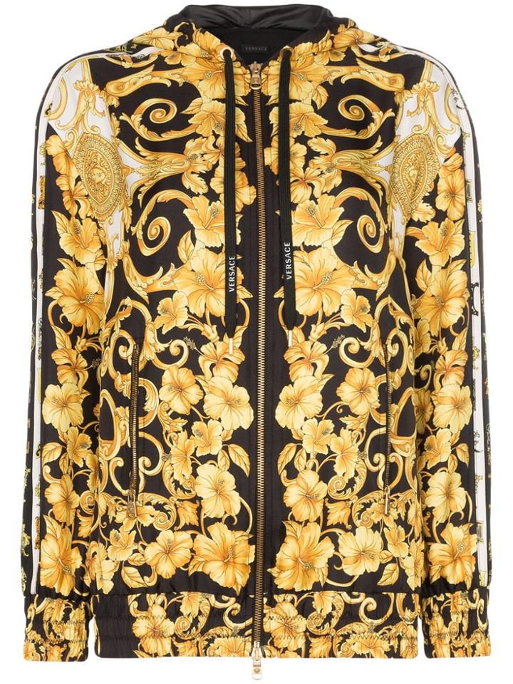 Versace Zip Front Baroque Print Hooded Jacket - Yellow