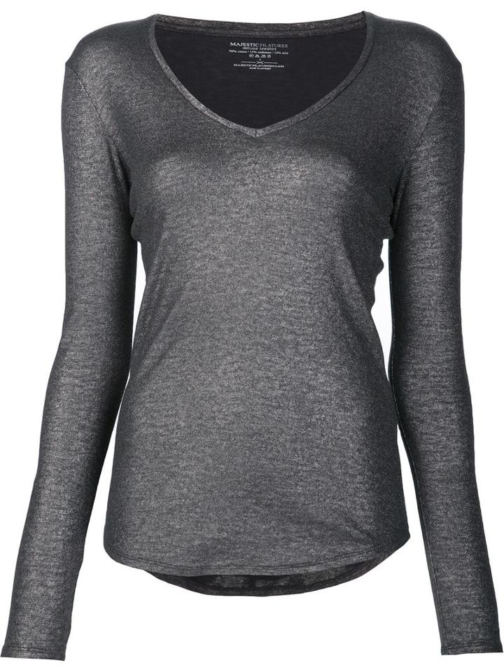 Majestic Filatures V-neck Fine Knit Jumper, Women's, Size: 2, Grey, Silk/cotton/cashmere