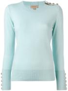 Burberry - Buttoned Detail Jumper - Women - Cashmere - M, Blue, Cashmere
