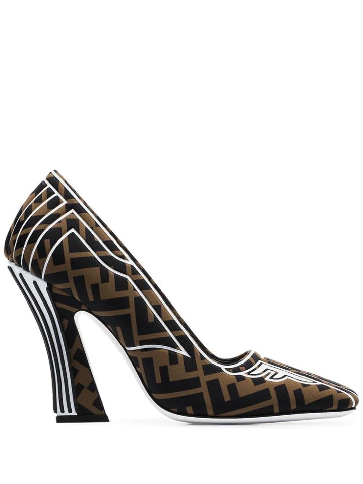 Fendi Tobacco Brown 105 Logo Print Lycra Wrapped Leather Pumps