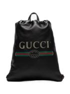 Gucci Black Logo Print Leather Drawstring Backpack