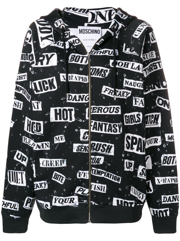Moschino Oversized Word Print Zip Front Hoodie - Black