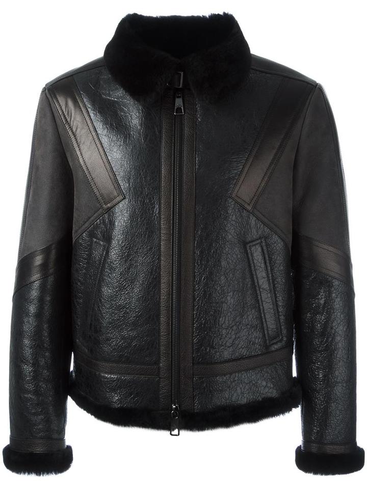 Neil Barrett Panelled Leather Bomber Jacket, Men's, Size: Large, Black, Sheep Skin/shearling