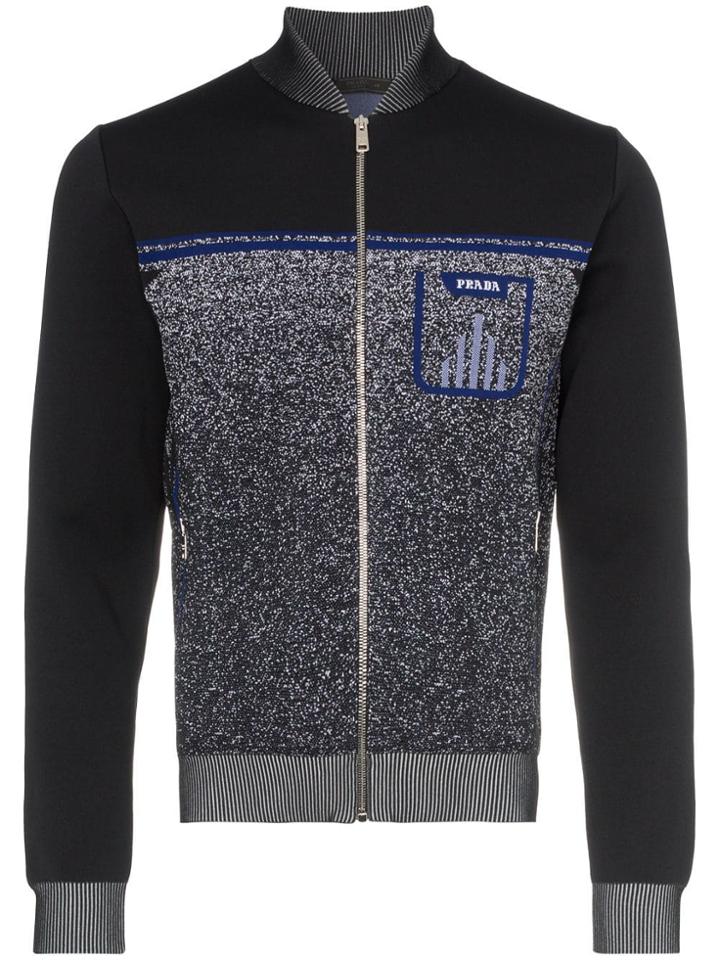 Prada Logo Print Knitted Zip-up Bomber Jacket - Black