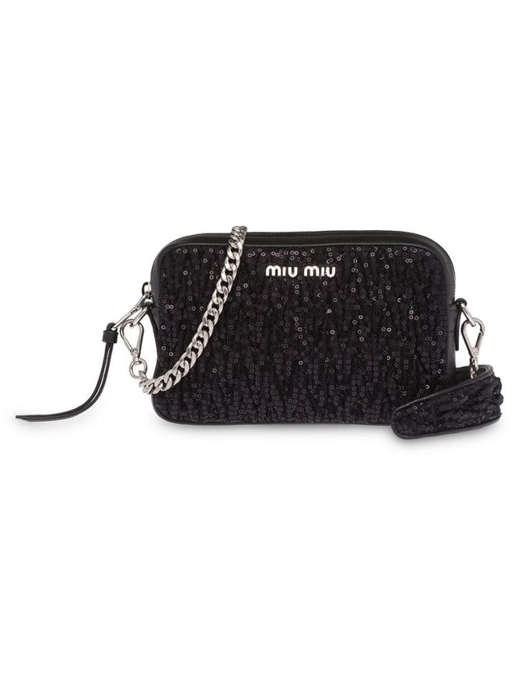 Miu Miu Leather And Sequin Shoulder Bag - Black