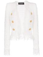 Balmain Tweed Shredded Hem Gold Tone Button Jacket - White