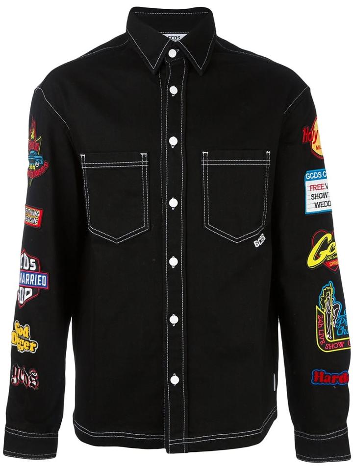 Gcds Patched Button Down Shirt, Men's, Size: Large, Black, Cotton