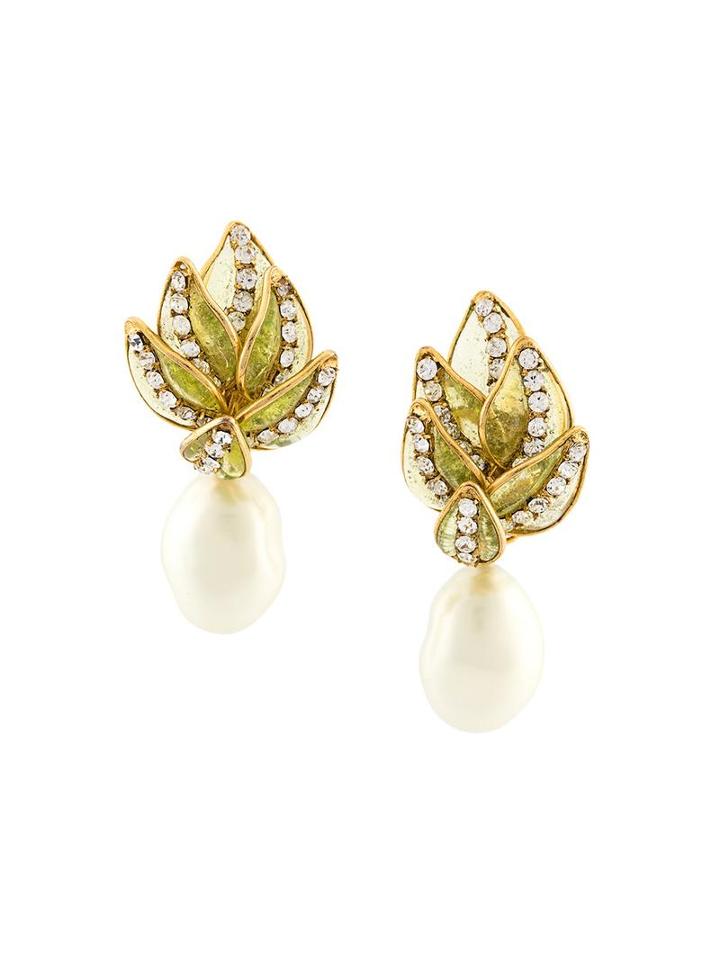 Chanel Vintage Clip-on Leaf Drop Earrings, Women's, White