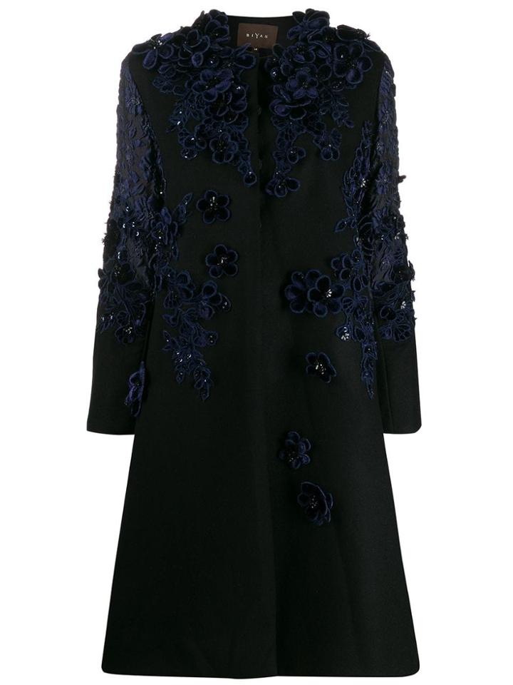 Biyan Floral Appliqué Coat - Black