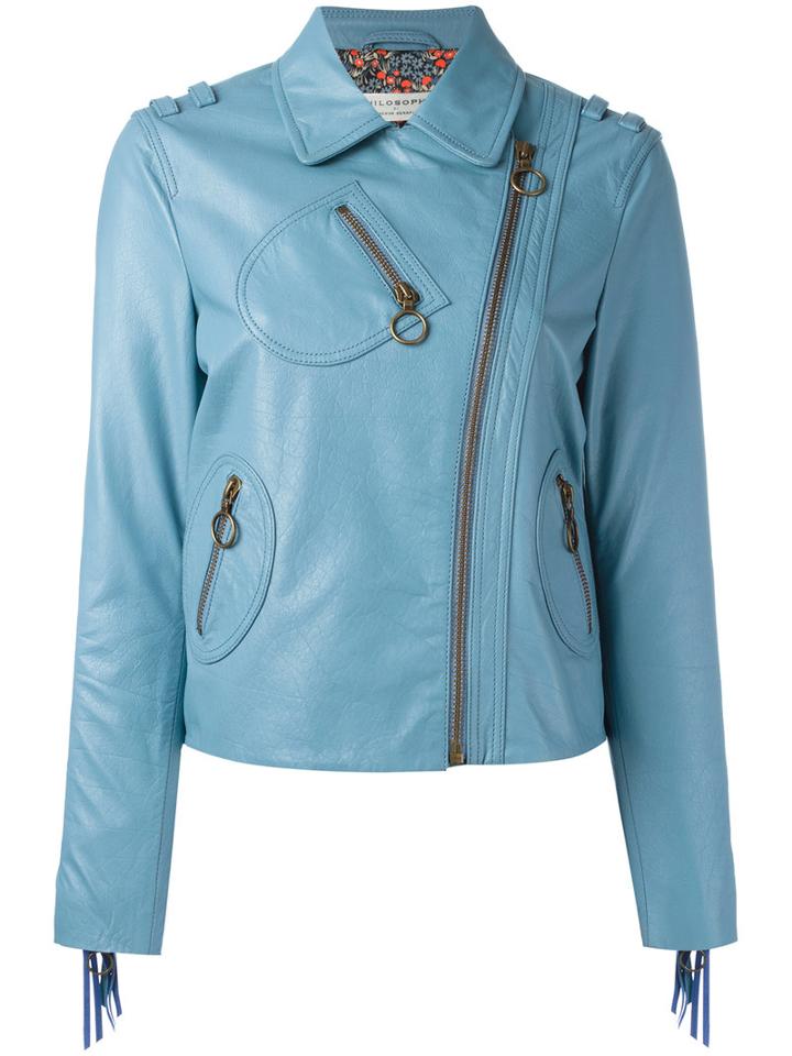 Philosophy Di Lorenzo Serafini Zip Up Jacket, Women's, Size: 40, Blue, Buffalo Leather/polyester