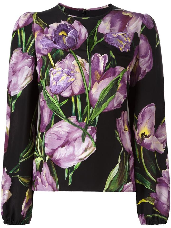 Dolce & Gabbana Tulip Print Blouse, Women's, Size: 40, Black, Silk