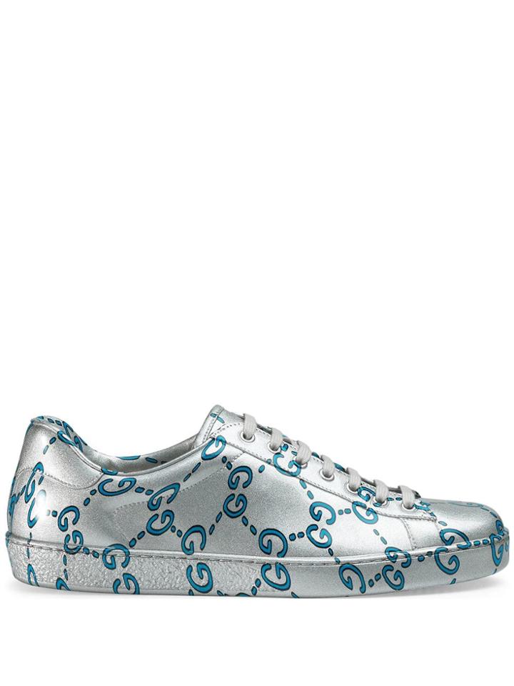 Gucci Ace Gg Coated Leather Sneakers - Silver