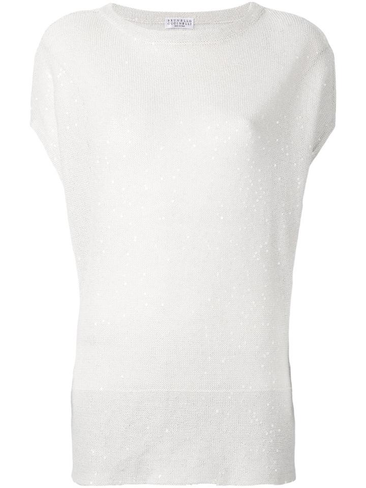 Brunello Cucinelli - Sequin Round Neck Top - Women - Silk/linen/flax - S, Nude/neutrals, Silk/linen/flax