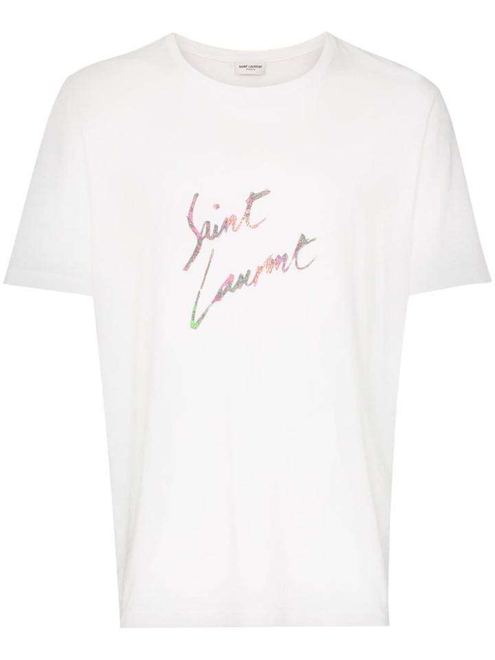 Saint Laurent Rainbow Script Logo Cotton T-shirt - White