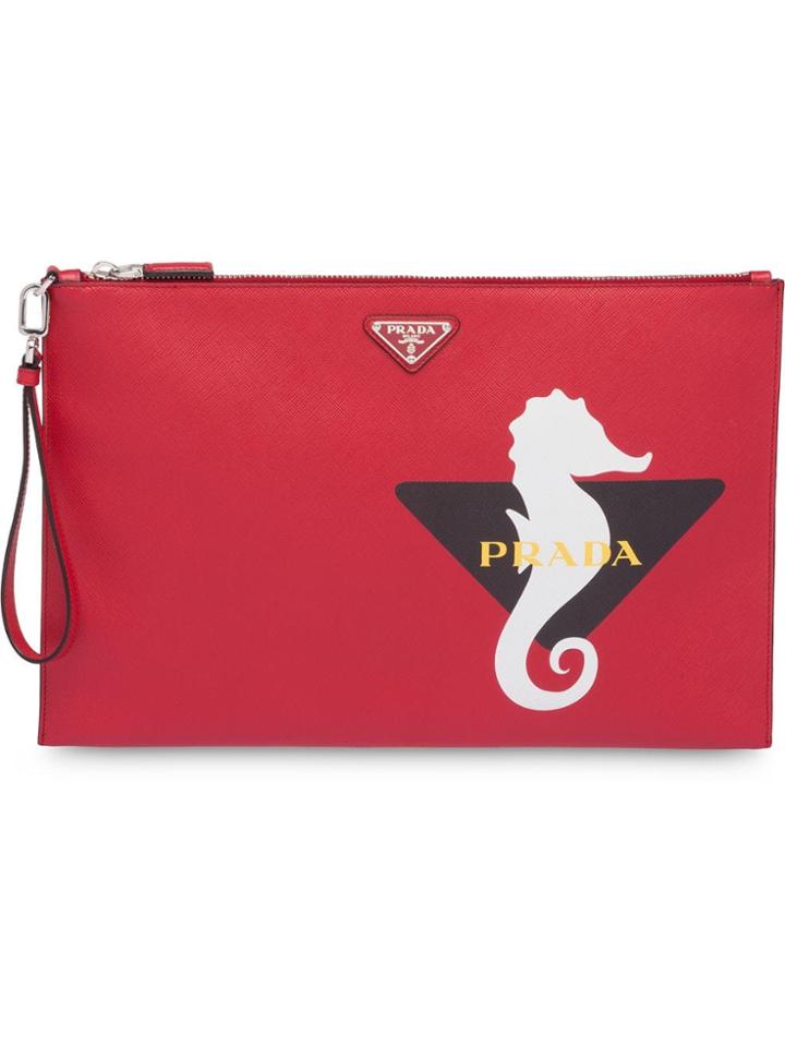Prada Printed Saffiano Leather Clutch - Red