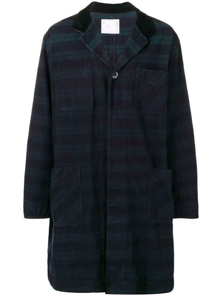 Sacai Checked Single Breasted Coat - Blue
