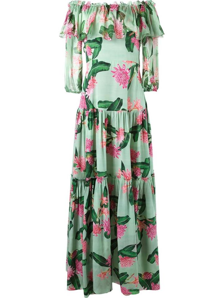 Isolda Off-shoulder Flared Long Dress, Women's, Size: 40, Green, Cotton