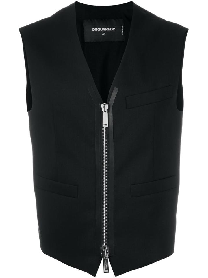 Dsquared2 Front Zip Waistcoat, Men's, Size: 50, Black, Calf Leather/polyester/spandex/elastane/virgin Wool