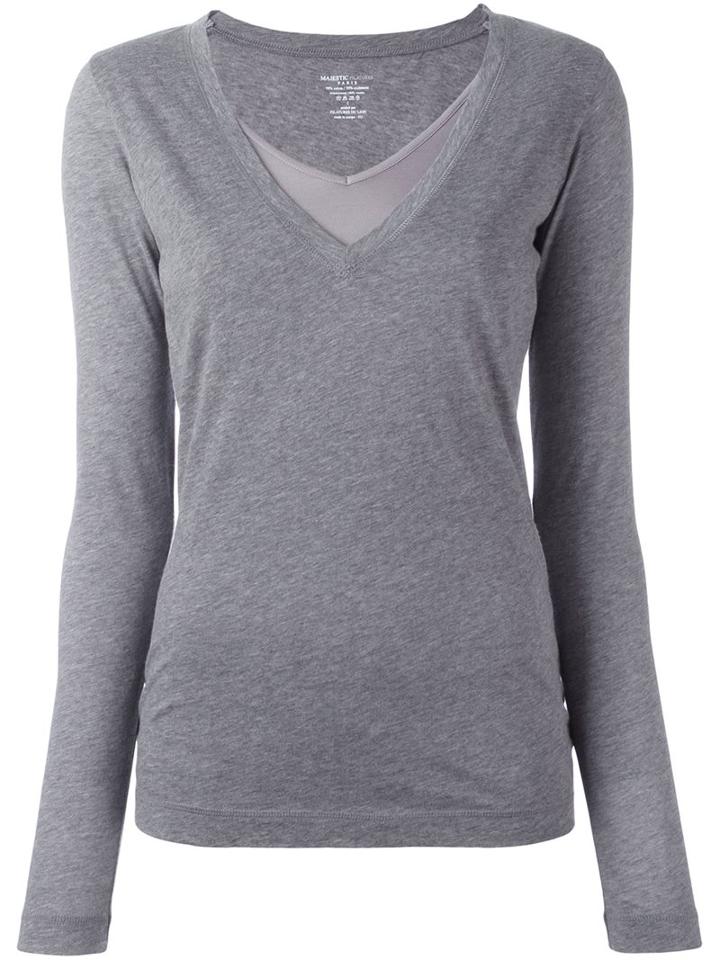 Majestic Filatures Layered V-neck Jumper, Women's, Size: 1, Grey, Cotton/cashmere/viscose