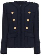 Balmain Collarless Tweed Military Jacket - Blue
