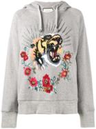 Gucci Tiger Embroidered Hooded Sweatshirt, Women's, Size: Xs, Grey, Cotton/metallic Fibre/brass/glass