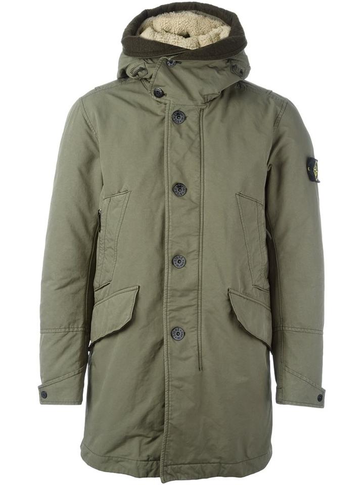 Stone Island Arm Patch Hooded Coat, Men's, Size: Medium, Green, Polyester/polyamide/polyurethane Resin/feather Down