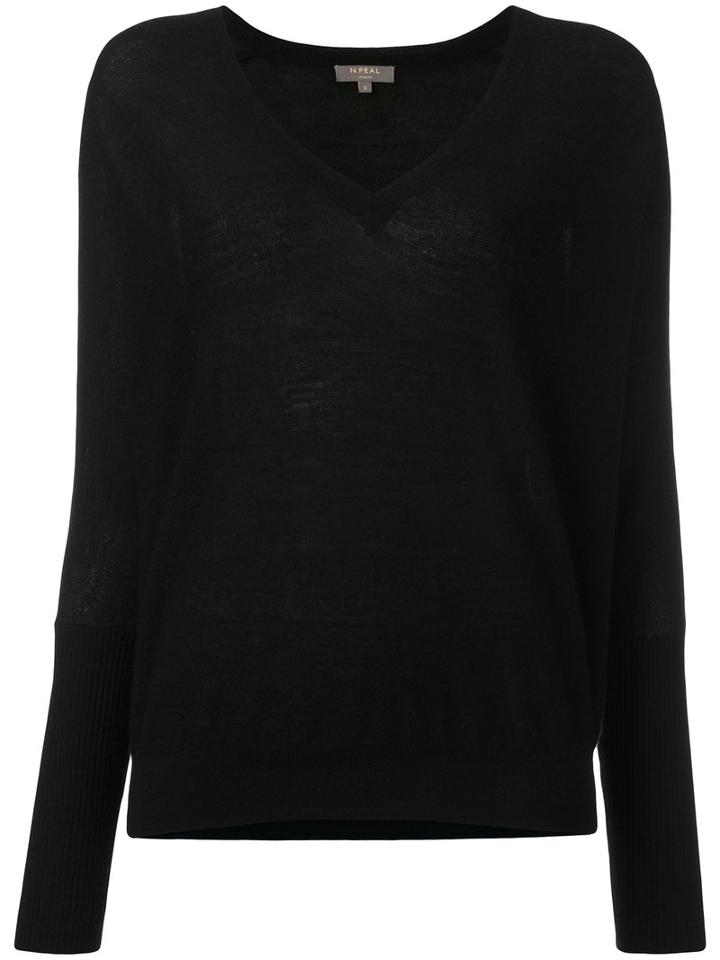 N.peal - Ribbed Sleeve V-neck Top - Women - Silk/cashmere - L, Black, Silk/cashmere