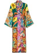 Rianna + Nina Multicoloured Mixed Hibiscus Print Silk Kimono Robe -