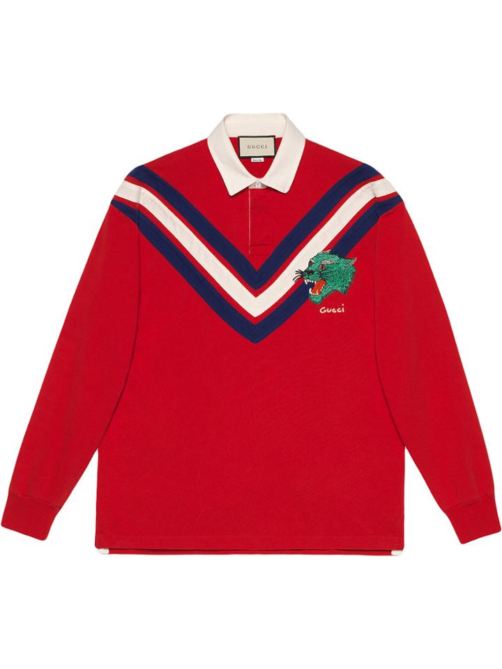 Gucci Chevron Polo With Panther Face - Red