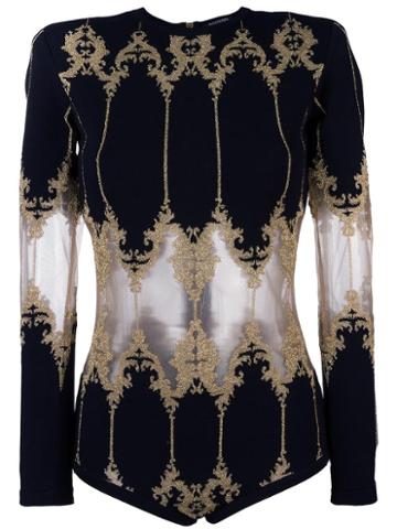 Balmain Baroque Detail Bodysuit, Women's, Size: 36, Black, Nylon/polyamide/viscose/metallized Polyester
