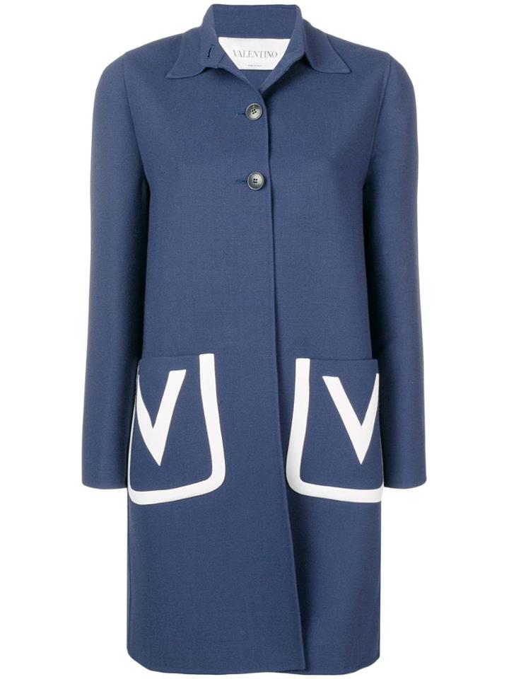 Valentino Embroidered V Crêpe Wool Coat - Blue